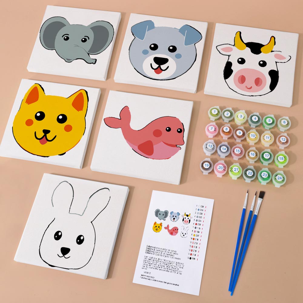Paint by Numbers – 6 Mini Paintings | Animal Faces for Kids Set