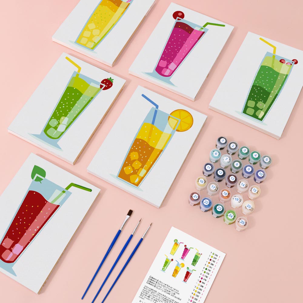 Paint by Numbers – 6 Mini Paintings | Colorful Sparkling Drinks Set