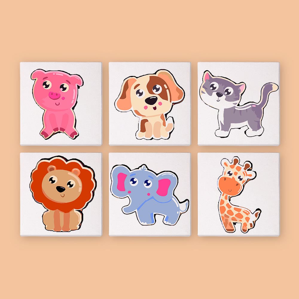 Paint by Numbers – 6 Mini Paintings | Cute Cartoon Animals Set