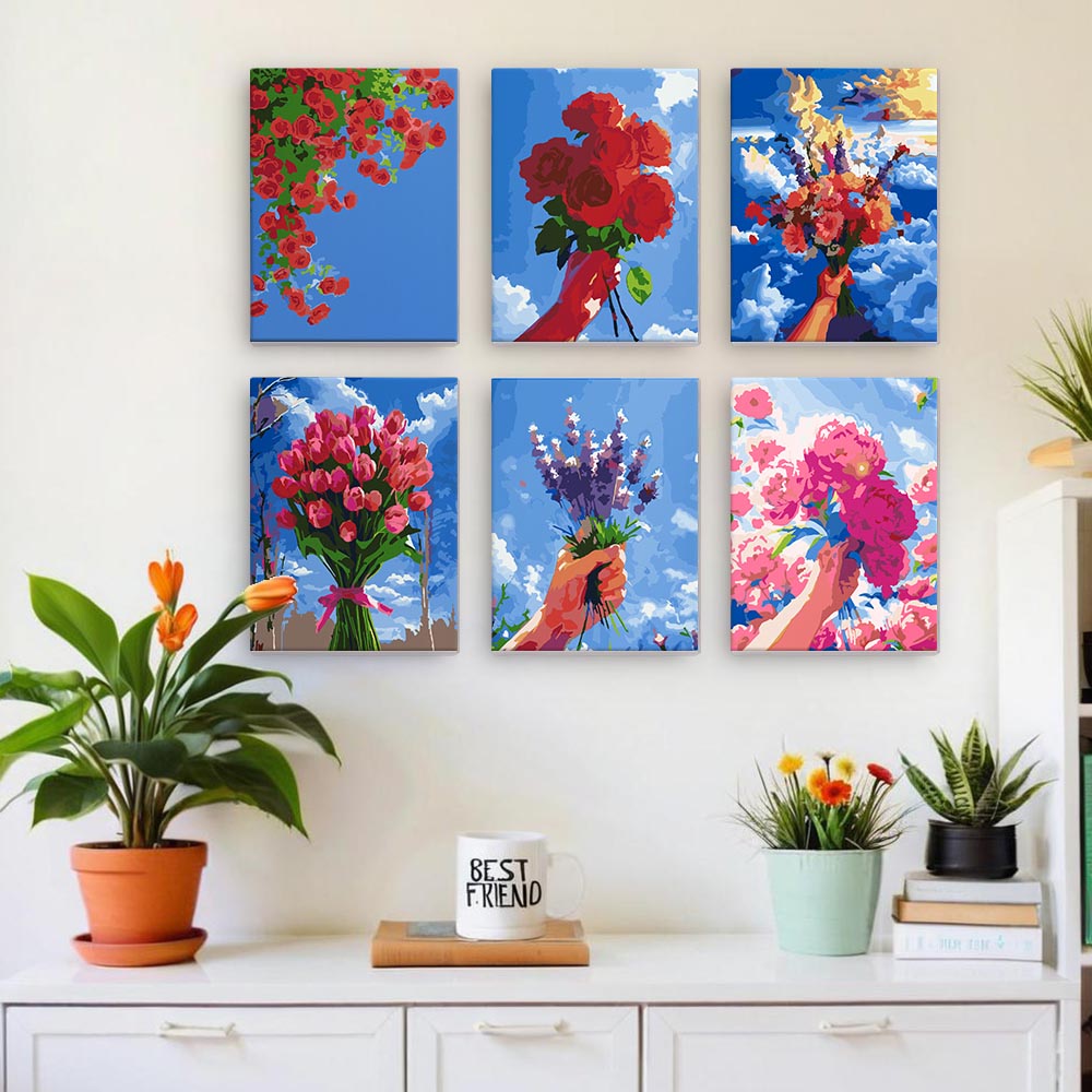 Paint by Numbers – 6 Mini Paintings | Flower Bouquets in the Sky Set