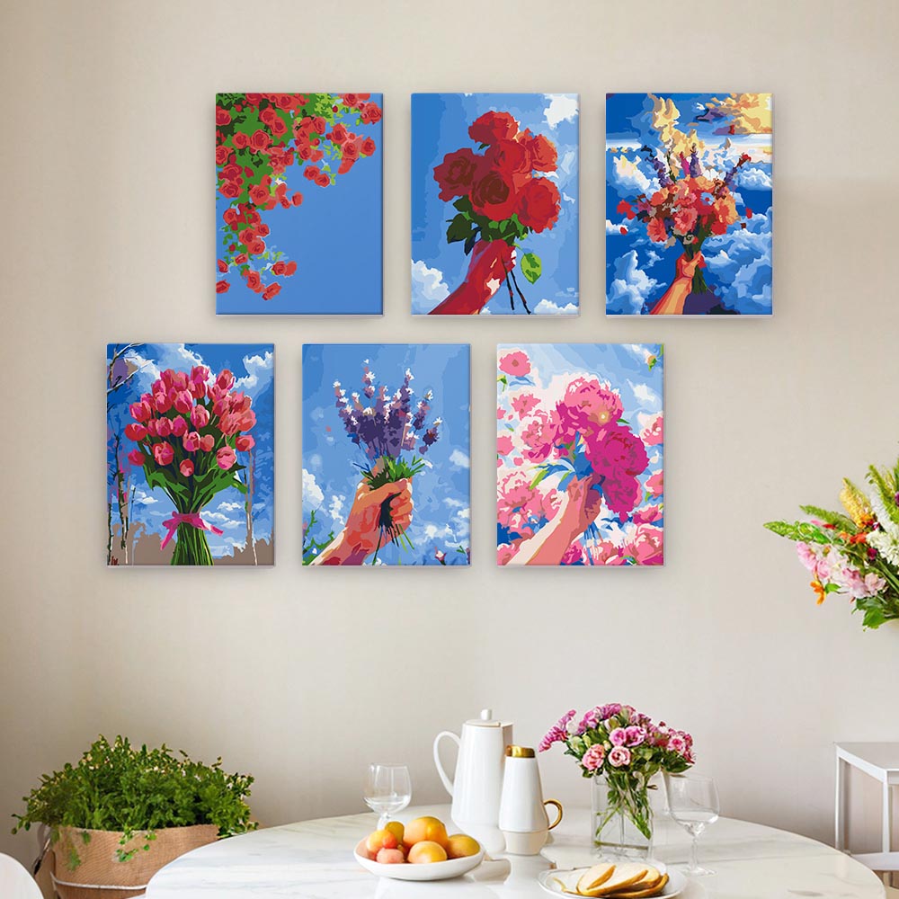 Paint by Numbers – 6 Mini Paintings | Flower Bouquets in the Sky Set