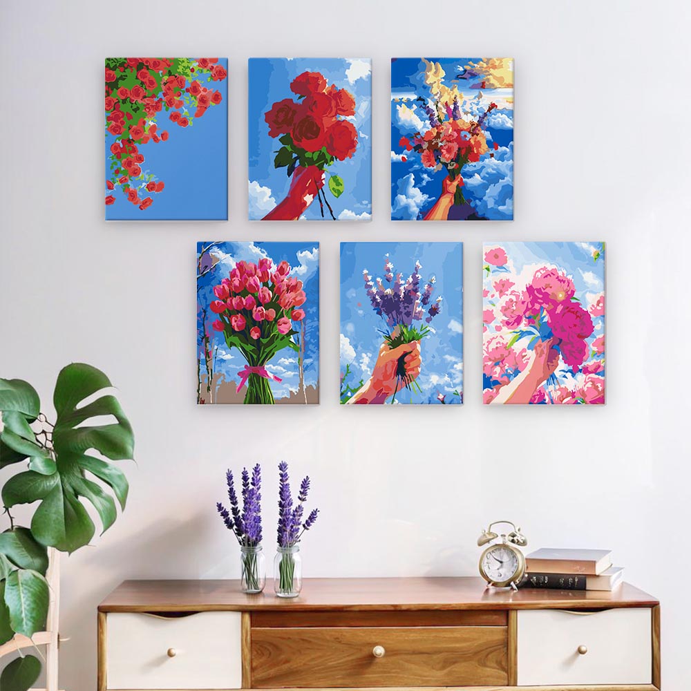 Paint by Numbers – 6 Mini Paintings | Flower Bouquets in the Sky Set