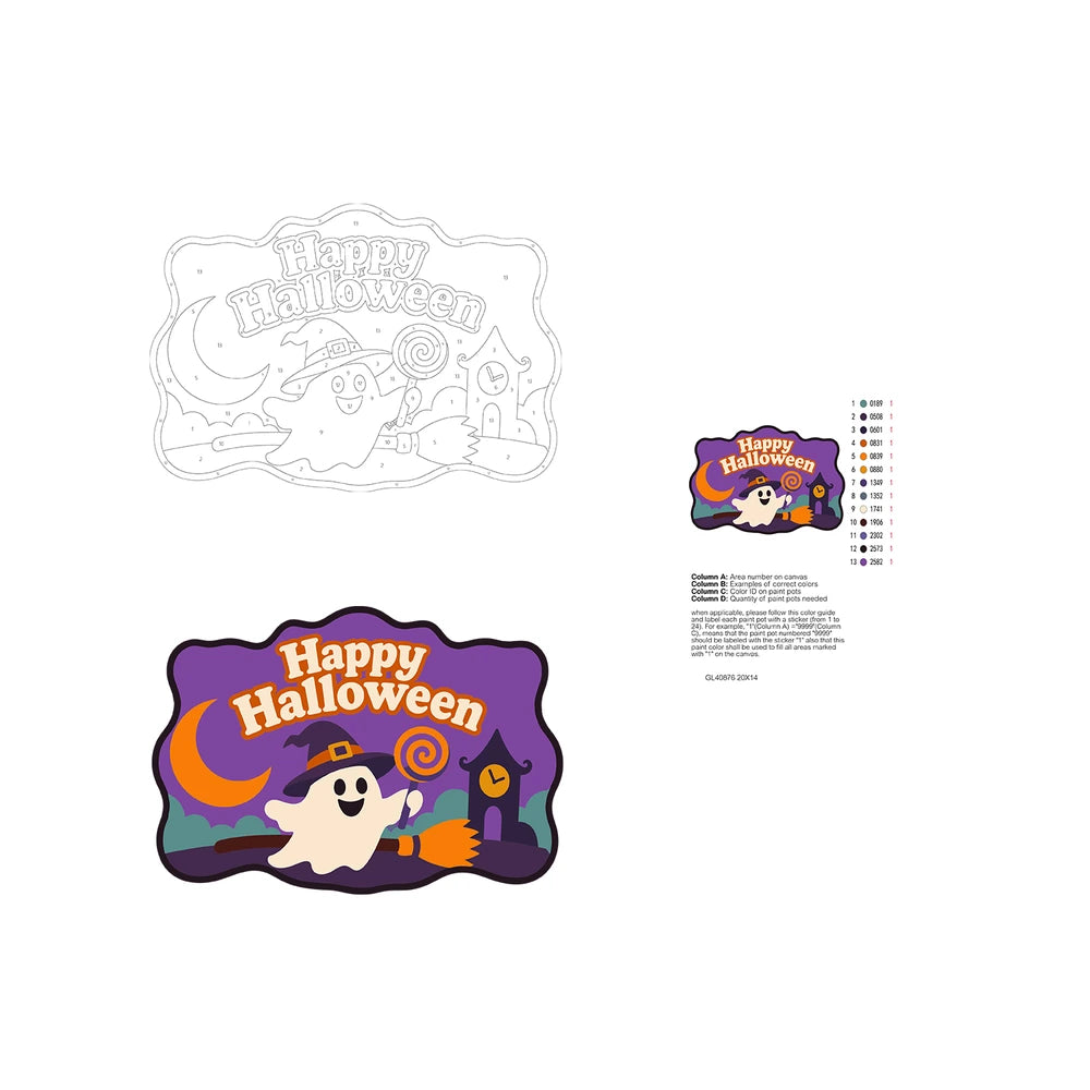 Paint by Numbers - Wooden Door Hanger | Happy Halloween Ghost on a Broom