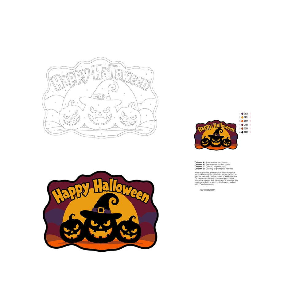 Paint by Numbers - Wooden Door Hanger | Happy Halloween Pumpkins in a Witch Hat