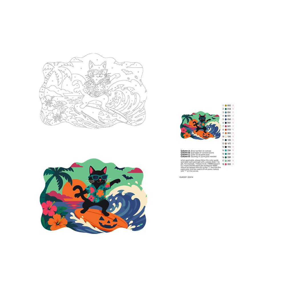 Paint by Numbers - Wooden Door Hanger | Surfing Black Cat in a Hawaiian Shirt