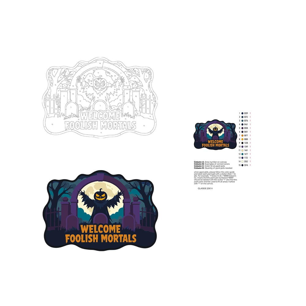 Paint by Numbers - Wooden Door Hanger | Welcome Foolish Mortals Pumpkin Bat