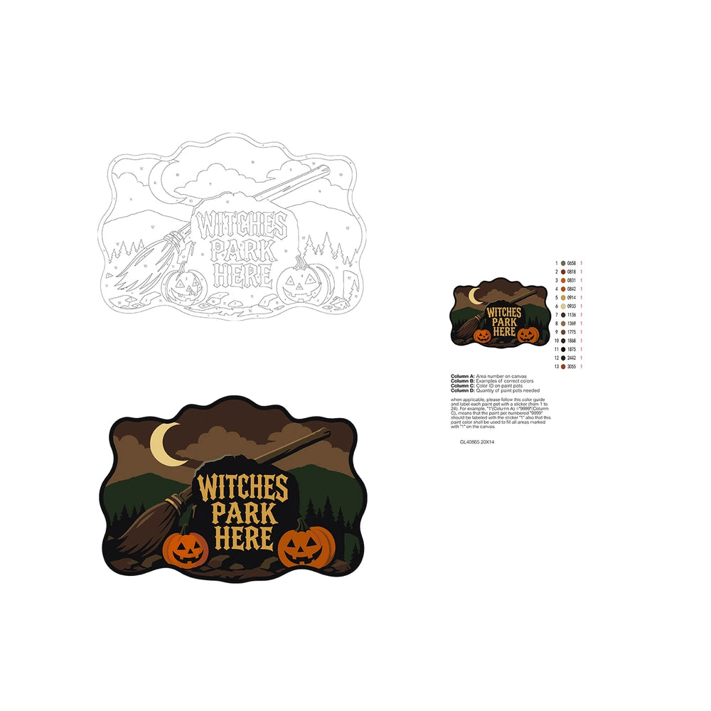 Paint by Numbers - Wooden Door Hanger | Witches Park Here Broom and Pumpkins