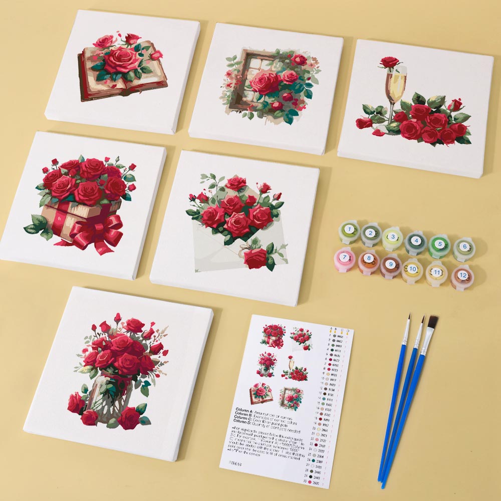 Paint by Numbers – 6 Mini Paintings | Red Rose Romance Set
