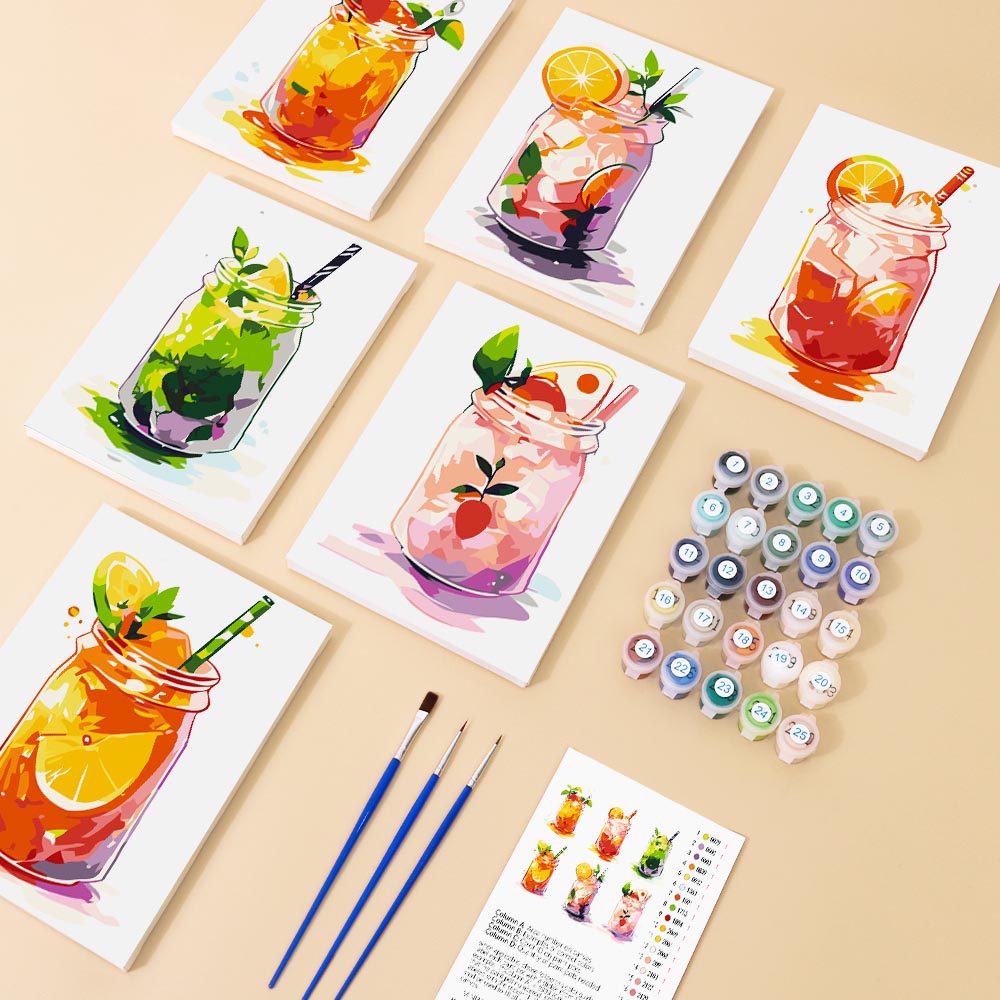 Paint by Numbers – 6 Mini Paintings | Mason Jar Fruit Drinks Set