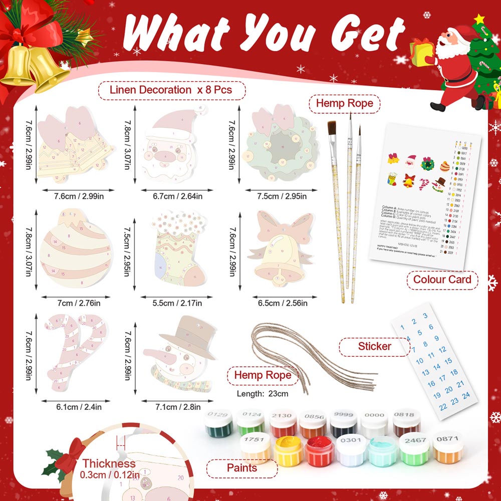 Paint by Numbers – 8 Christmas Ornaments – Festive Bells, Santa & Holiday Cheer Set