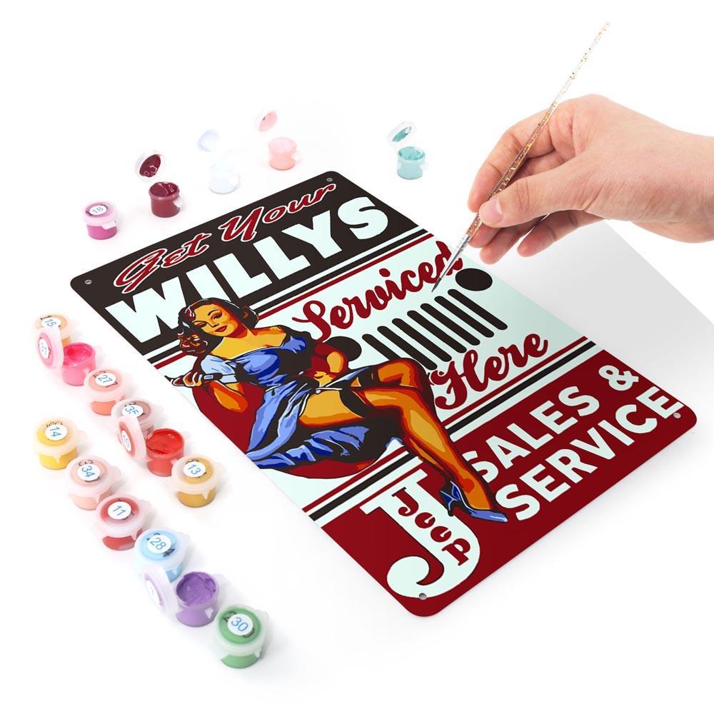 Paint by Numbers – Vintage Metal Wall Art | Willys Jeep Sales & Service Pin-up
