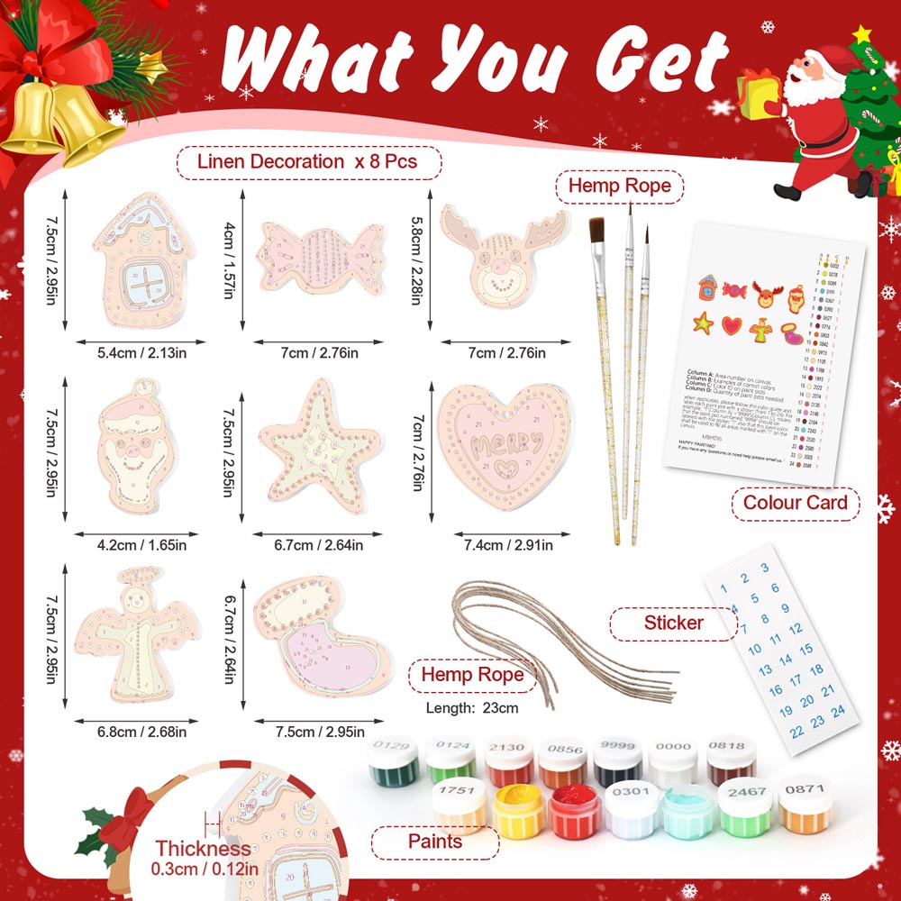 Paint by Numbers – 8 Christmas Ornaments – Colorful Reindeer, Santa & Festive Shapes Set