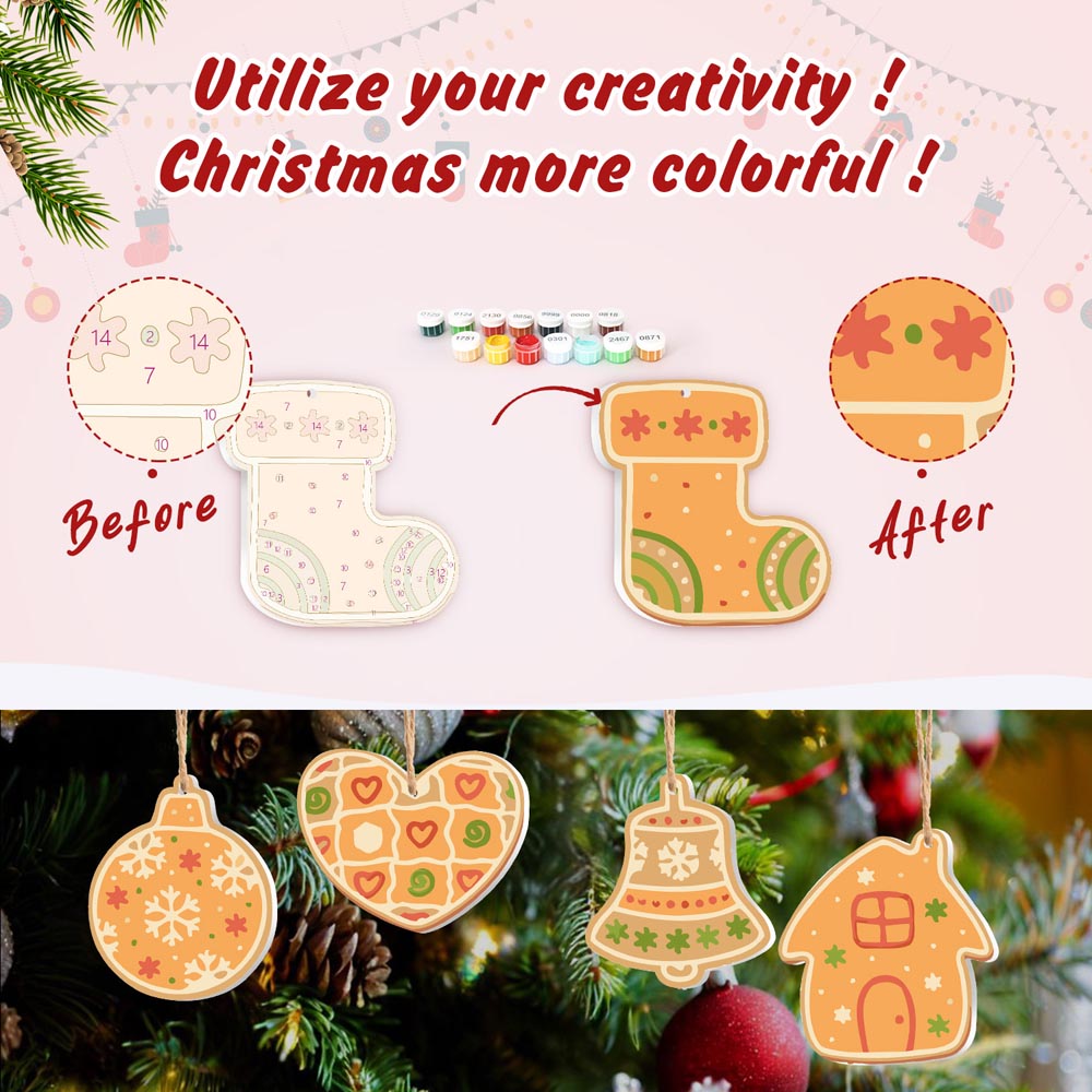 Paint by Numbers – 8 Christmas Ornaments – Gingerbread Hearts, Bells & Cozy Holiday Set