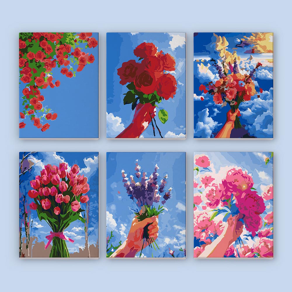 Paint by Numbers – 6 Mini Paintings | Flower Bouquets in the Sky Set