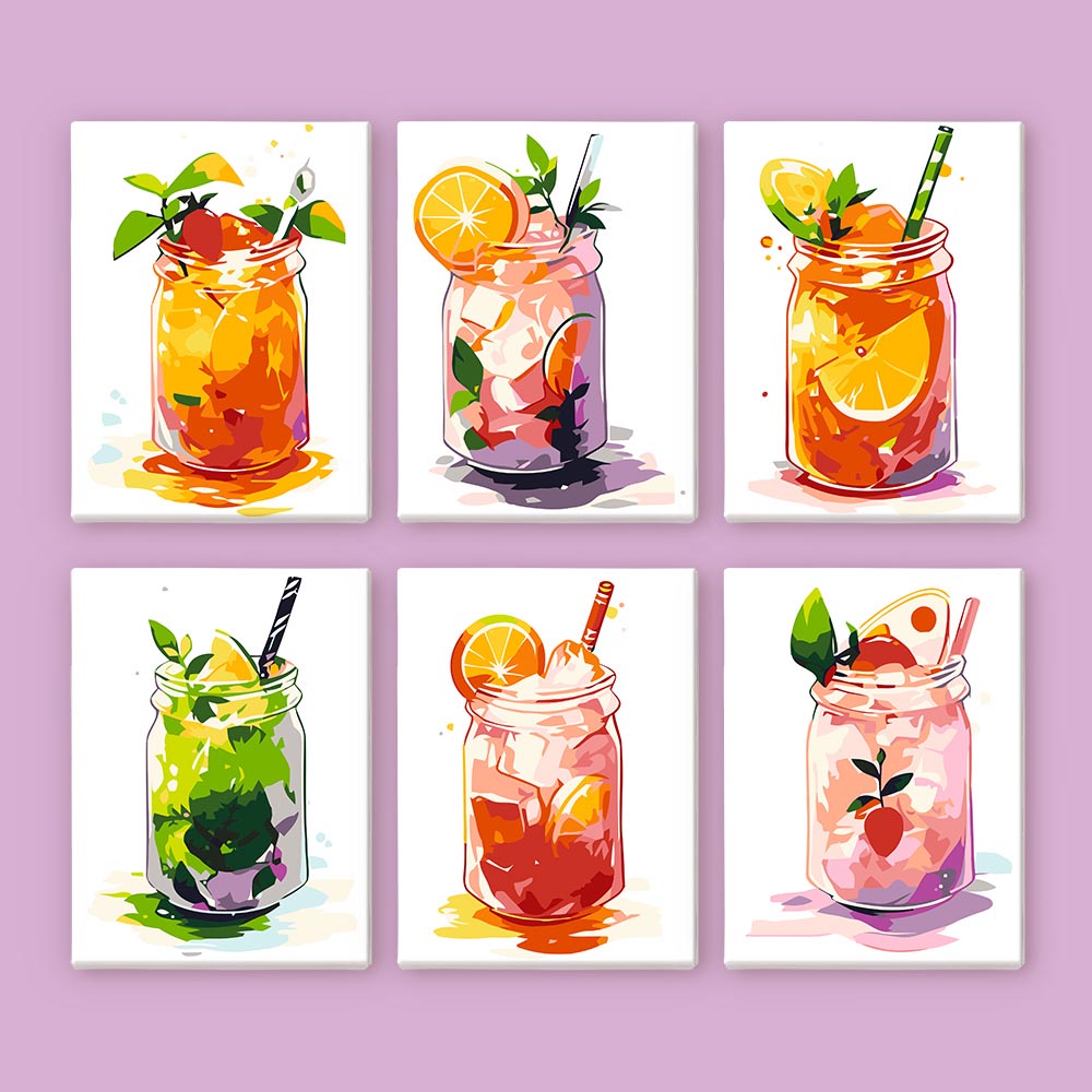 Paint by Numbers – 6 Mini Paintings | Mason Jar Fruit Drinks Set
