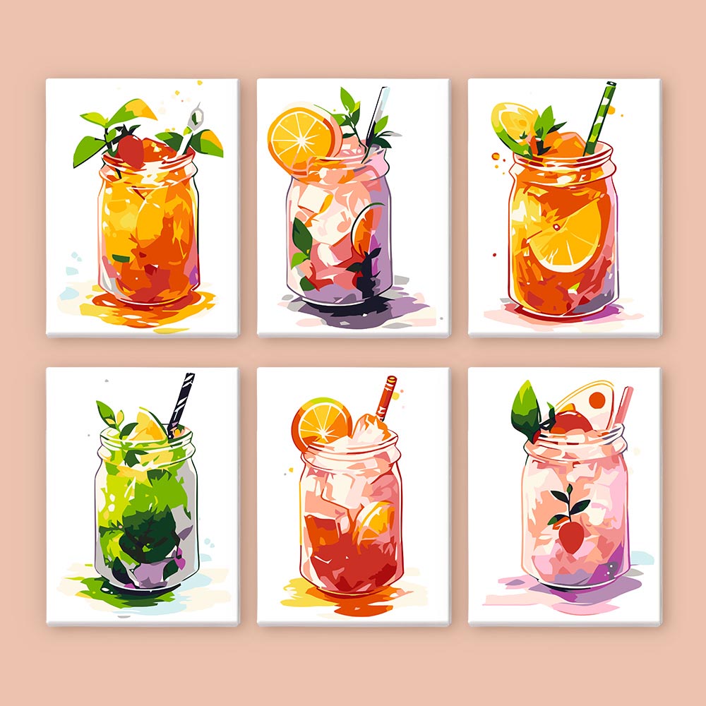 Paint by Numbers – 6 Mini Paintings | Mason Jar Fruit Drinks Set