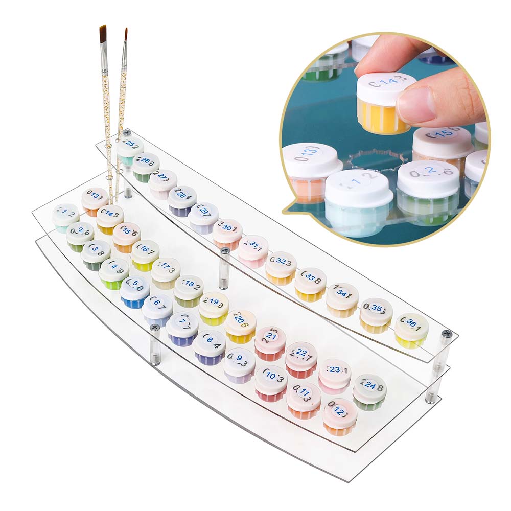 Set of small containers with numbers on a clear acrylic stand, with a close-up inset showing a hand holding a container.