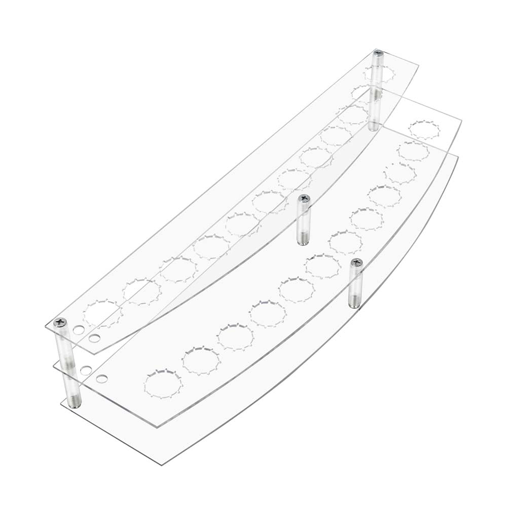 Clear acrylic display stand with multiple small round holes on a white background