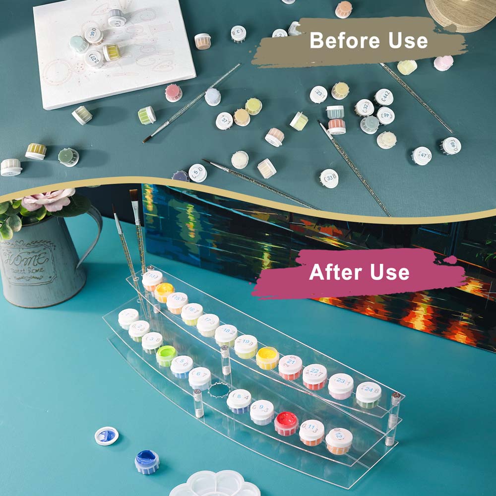 Comparison of paint containers before and after use on a decorative surface.