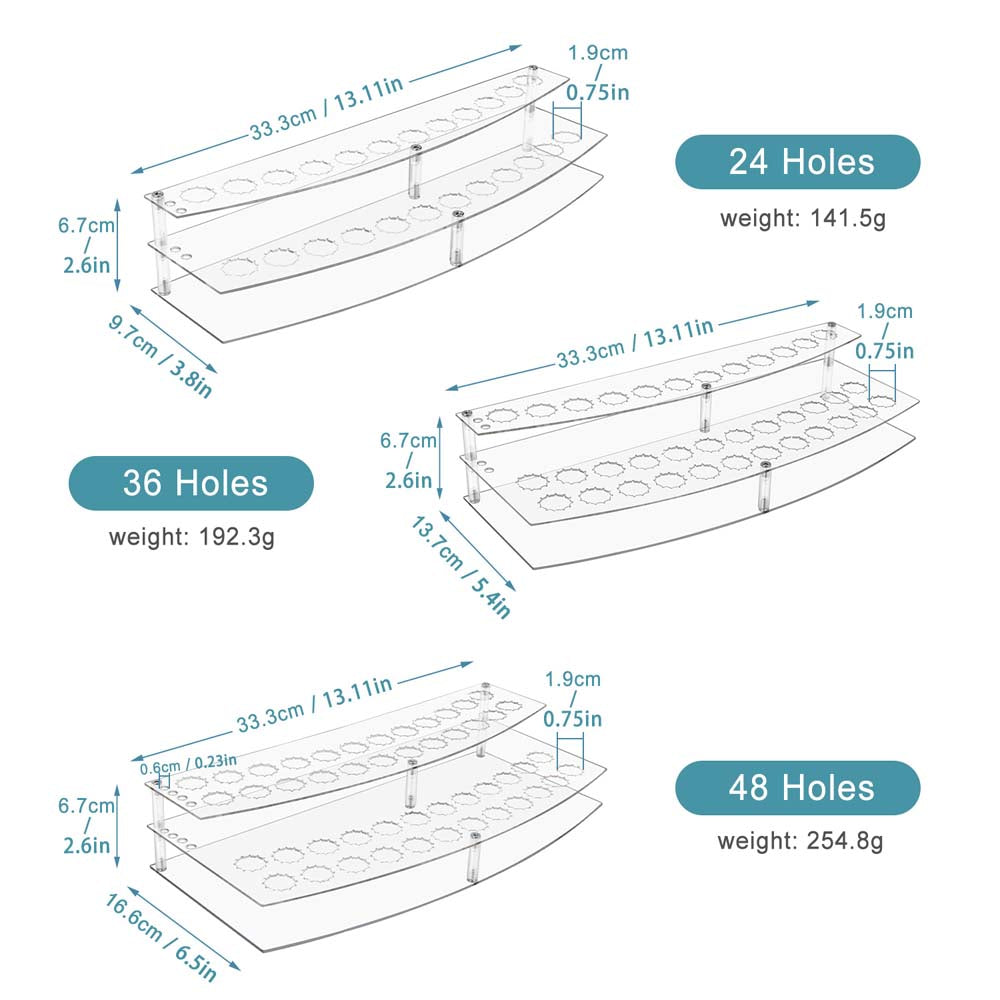 Measurement chart of different-sized test tube racks with dimensions and weights.