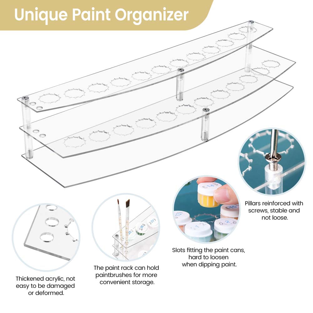 Clear paint organizer with multiple slots for paint cans and brushes, featuring reinforced pillars and thick acrylic material.