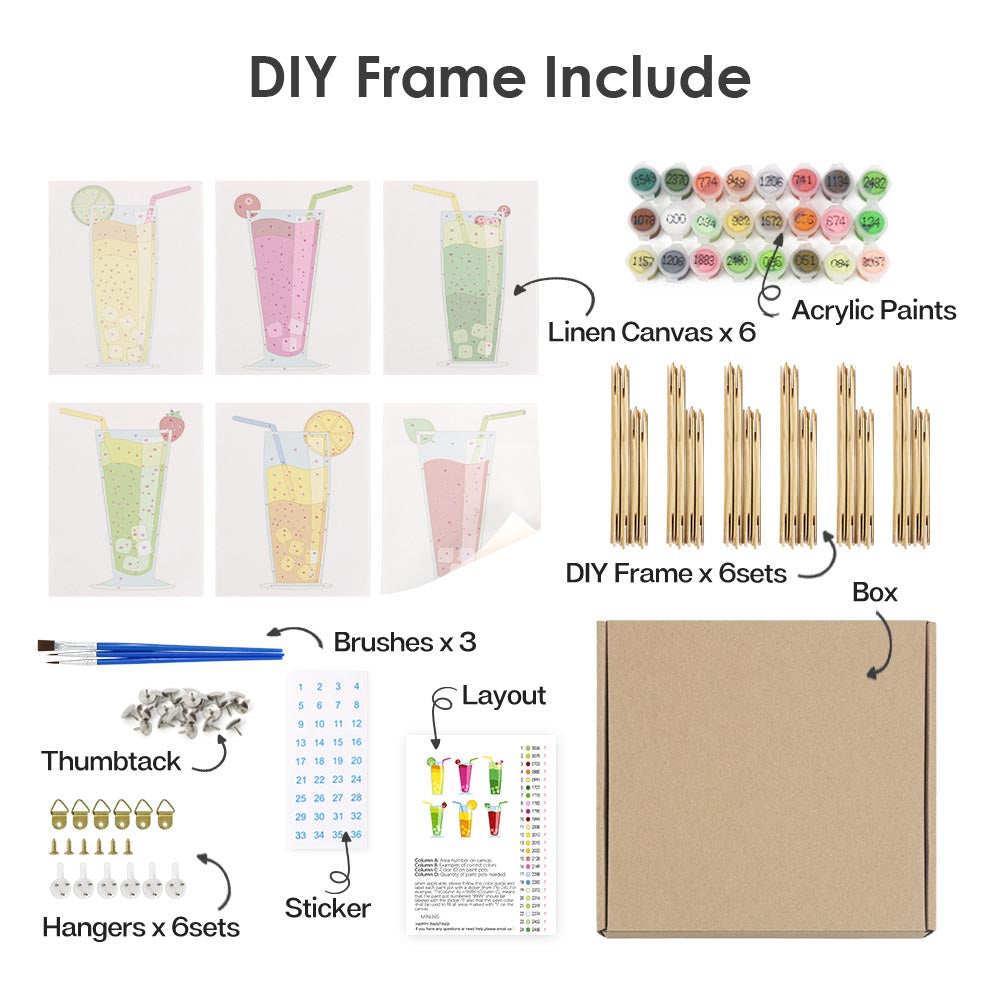 Paint by Numbers – 6 Mini Paintings | Colorful Sparkling Drinks Set