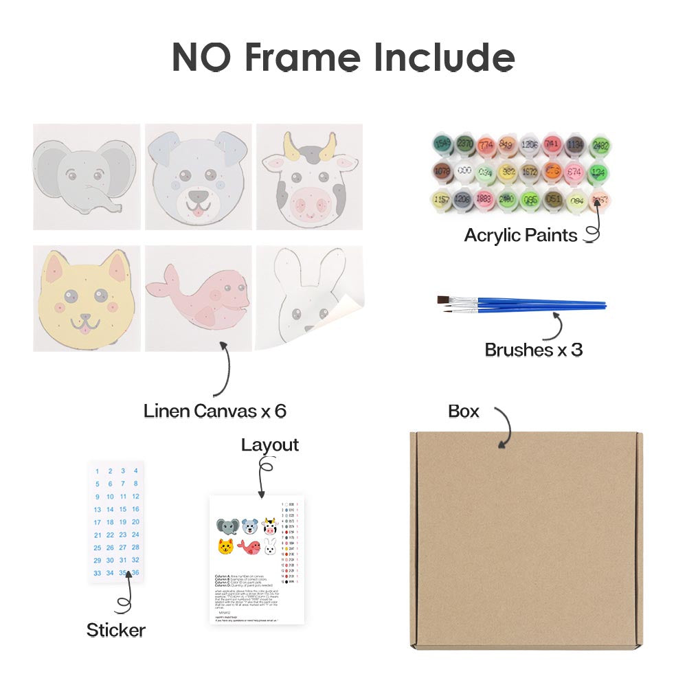 Paint by Numbers – 6 Mini Paintings | Animal Faces for Kids Set