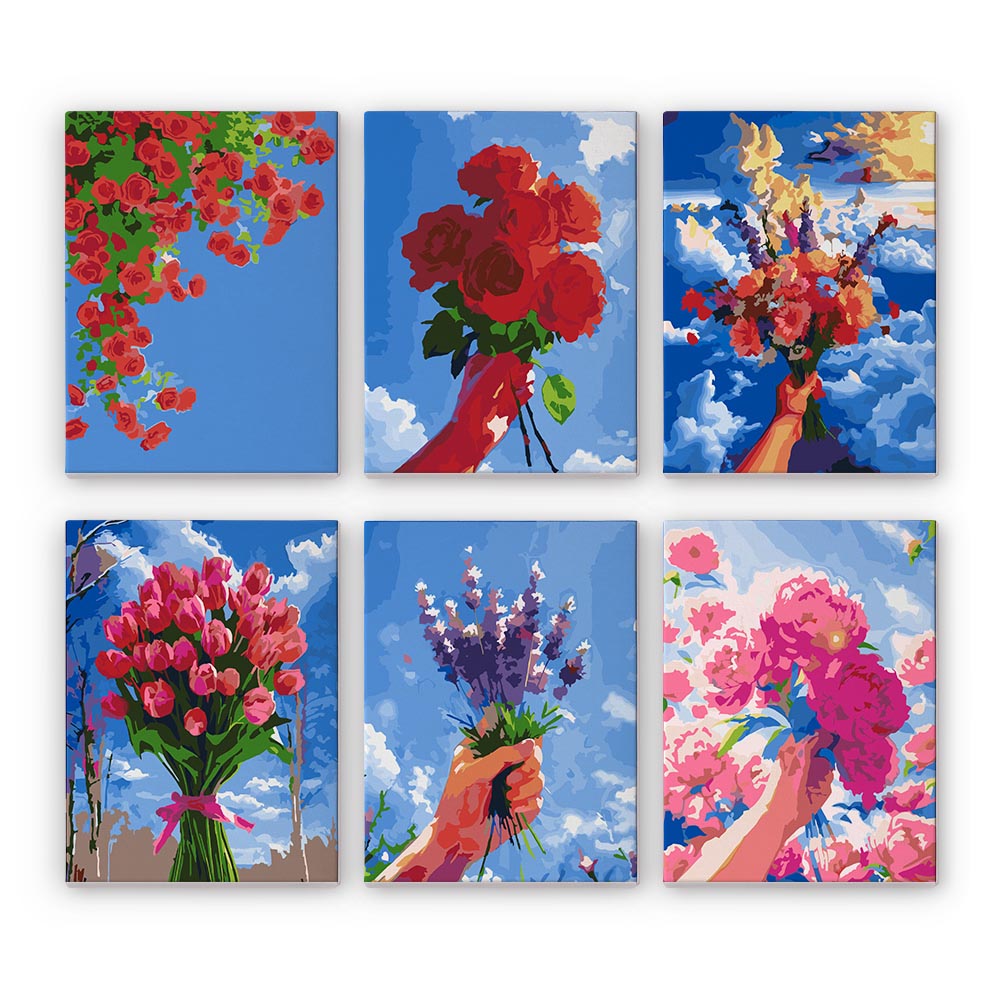 Paint by Numbers – 6 Mini Paintings | Flower Bouquets in the Sky Set