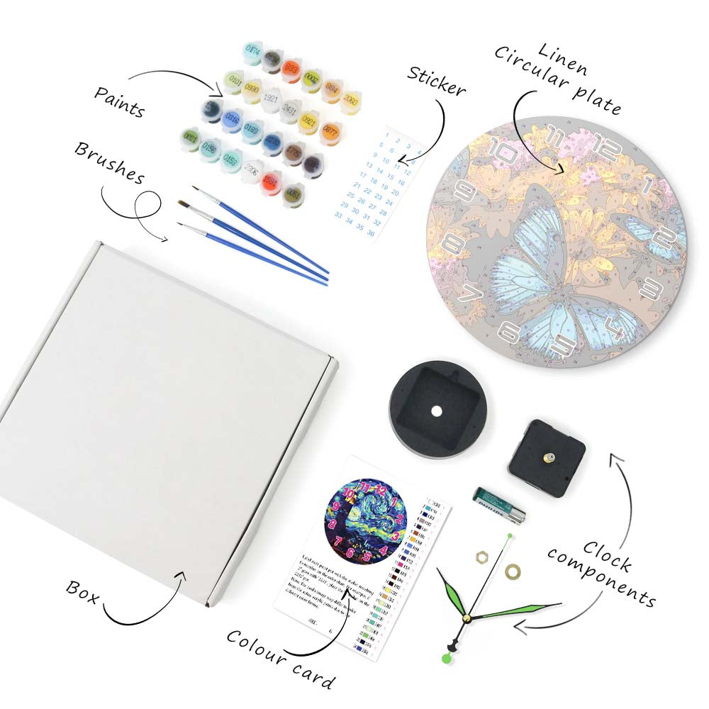 Artistic supplies including paints, brushes, a box, a color card, a butterfly-themed clock component, and linen circular plate on a white background.