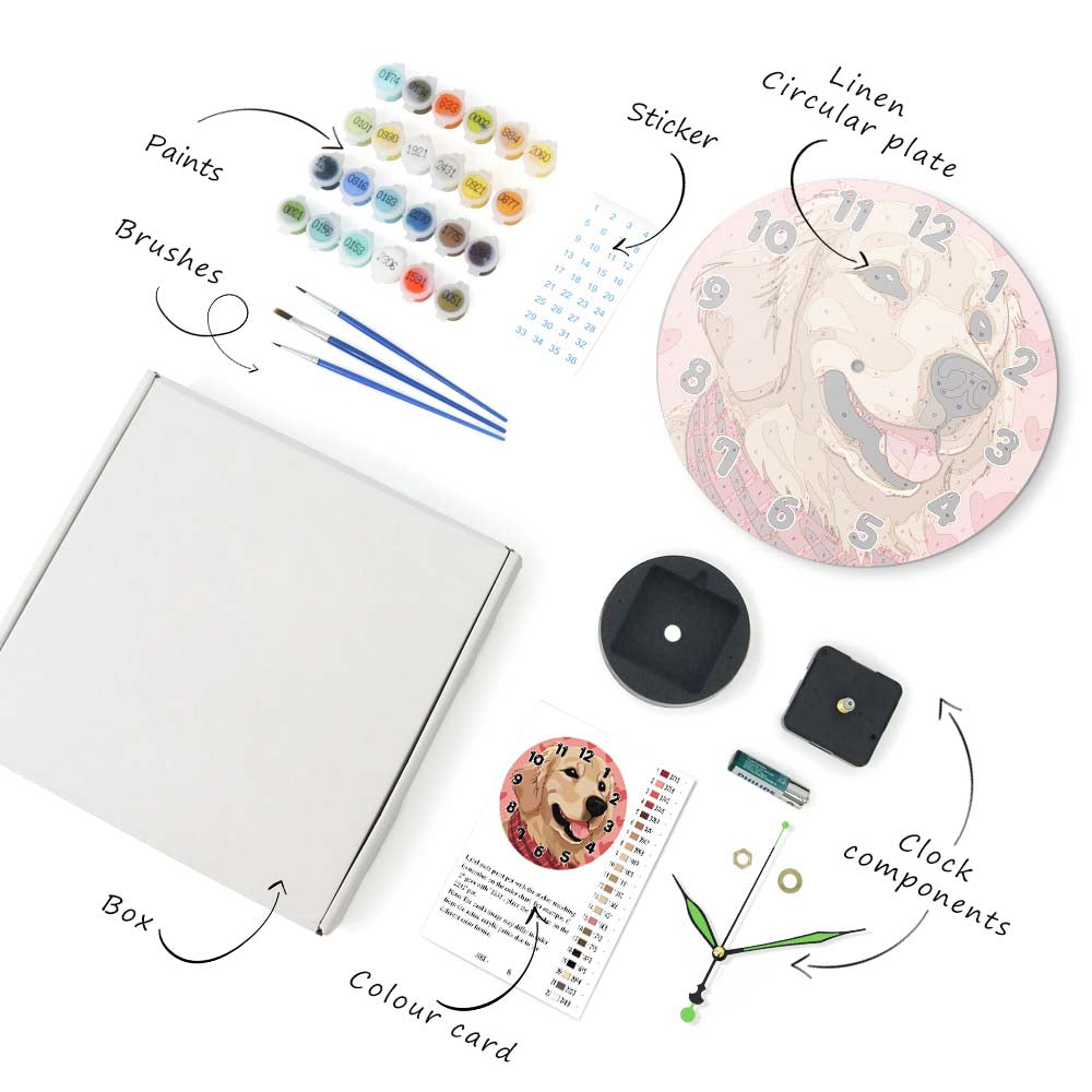 Artistic supplies including paints, brushes, a box, a color card, a clock with a dog illustration, and additional components on a white background.