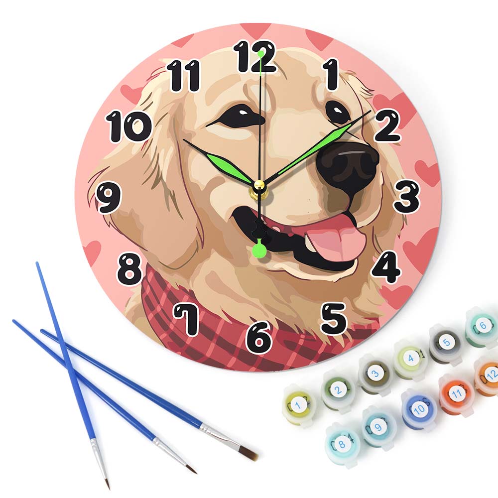 Decorative clock with a dog design, paintbrushes, and paint bottles on a white background