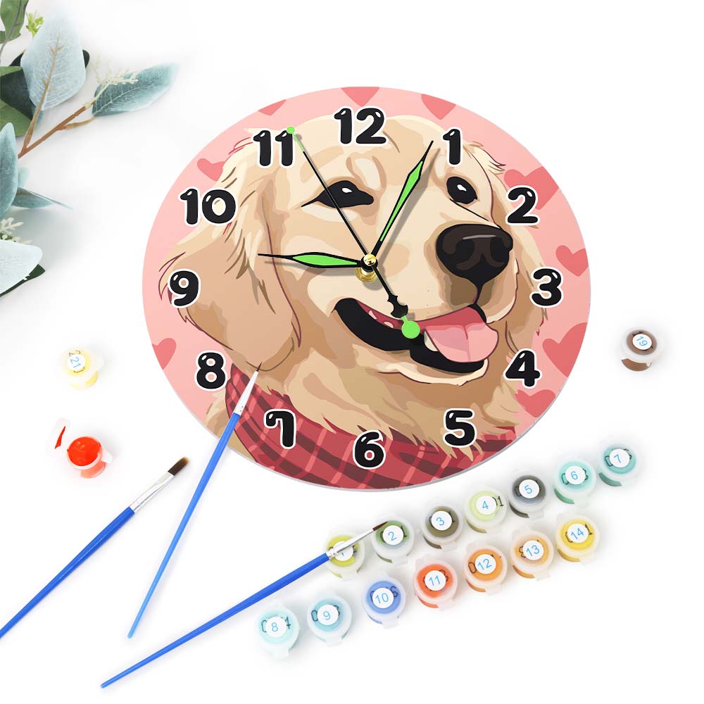 Wall clock with a dog design surrounded by paint cans and brushes on a white background