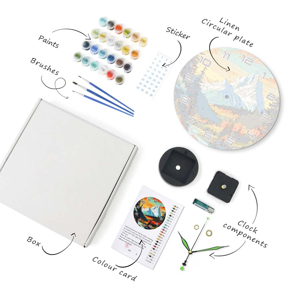 Artistic painting kit with box, paints, brushes, linen circular plate, clock components, and color card on a white background.