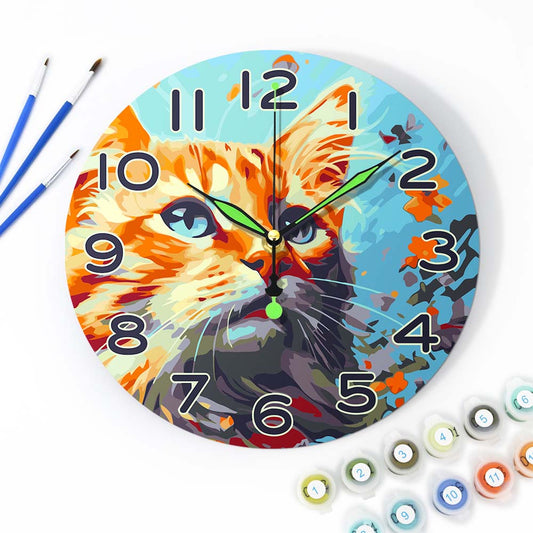 Wall clock with a colorful cat design on a white background