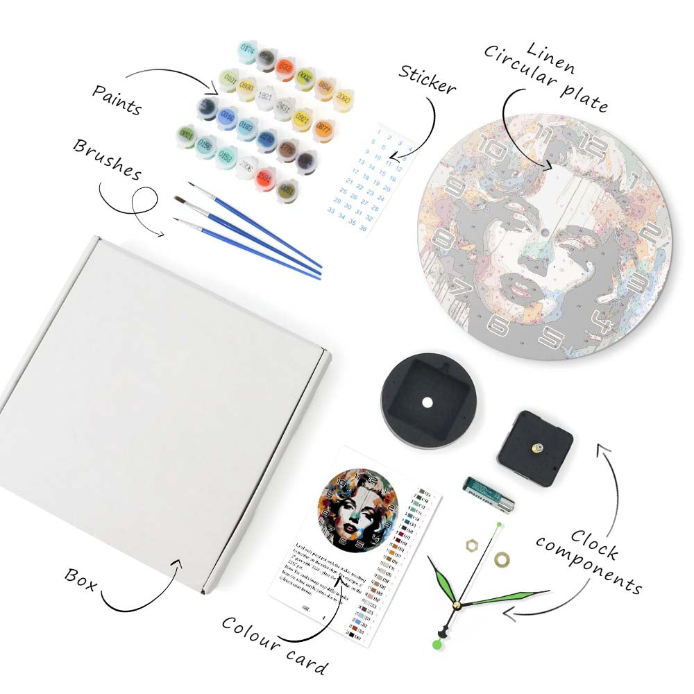 Artistic painting kit with supplies including paints, brushes, a box, color card, and clock components.