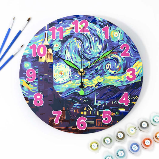 Decorative clock inspired by Van Gogh's 'Starry Night' with colorful numbers and art supplies.