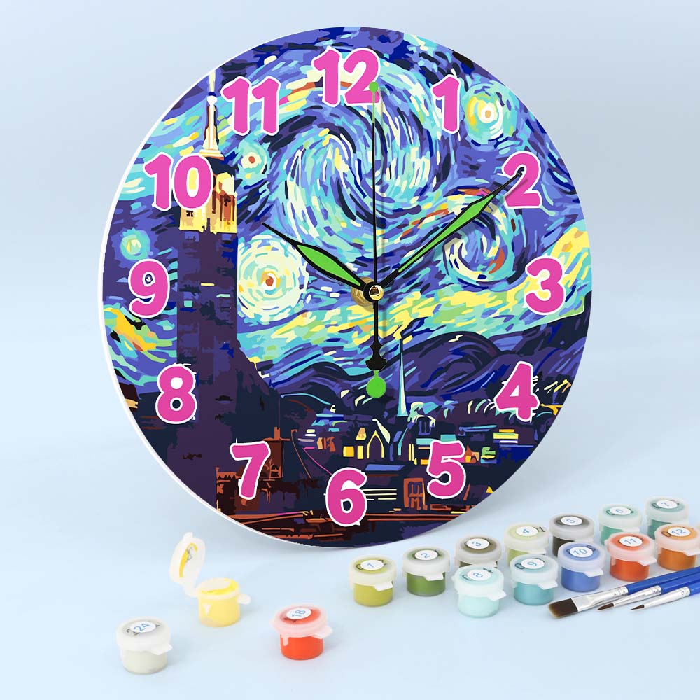 Colorful wall clock inspired by 'Starry Night' with paint cans and brushes on a light blue background