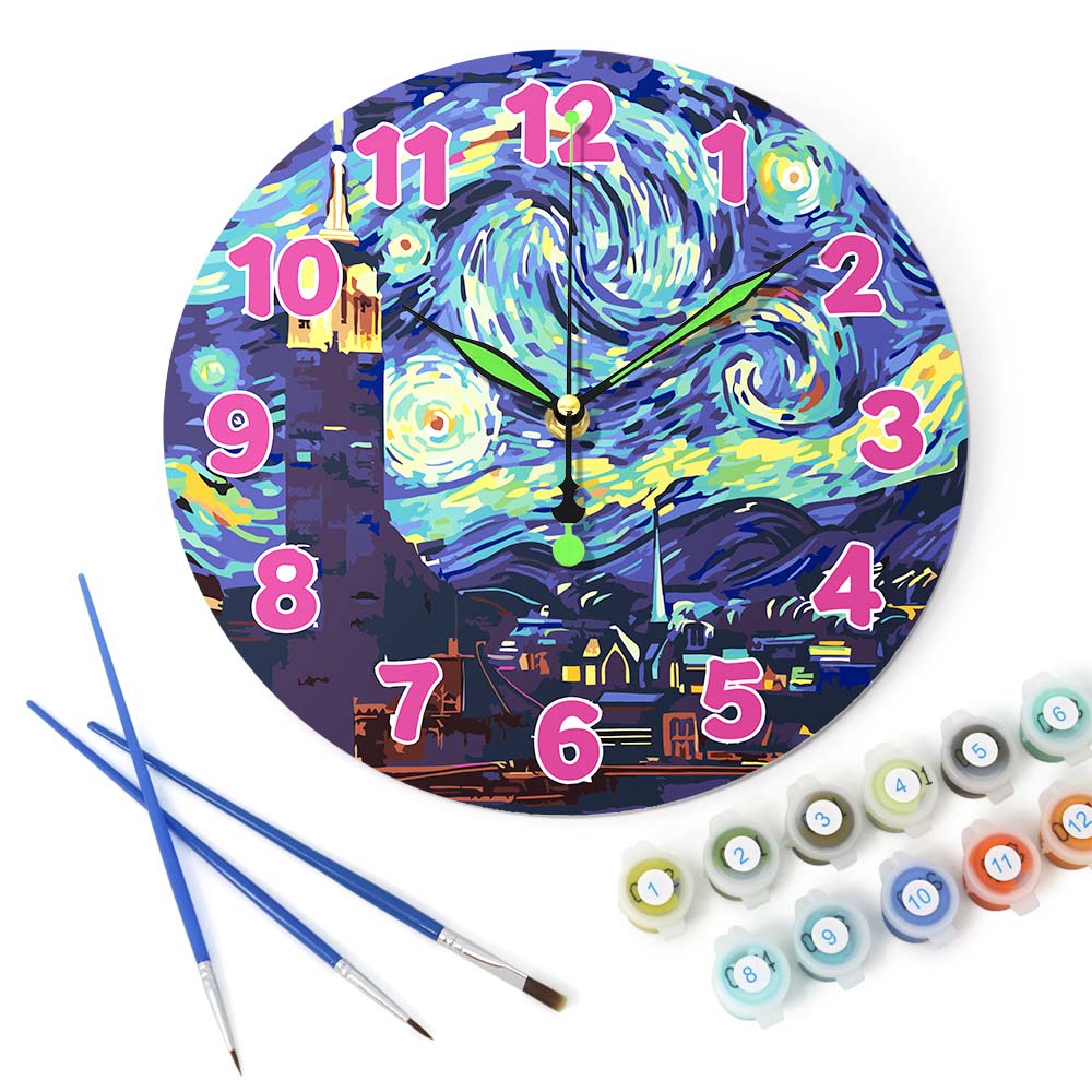 Decorative clock inspired by 'Starry Night' with paintbrushes and paint bottles on a white background