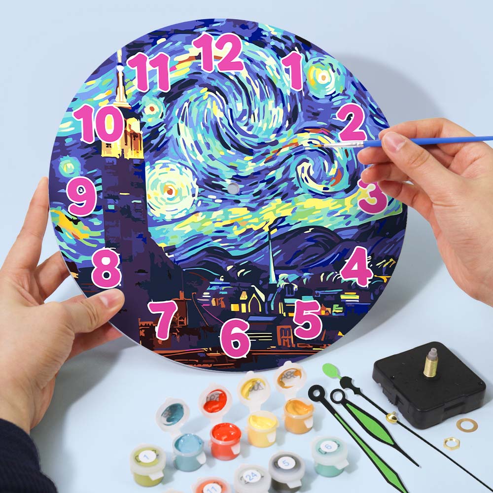Colorful clock with Van Gogh style design, being painted by a person.