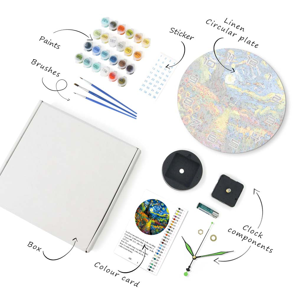 Artistic supplies including paints, brushes, a box, a color card, a clock, and a linen circular plate on a white background.