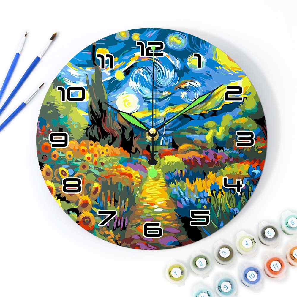Colorful wall clock inspired by Van Gogh's 'Starry Night' with painting supplies around it.