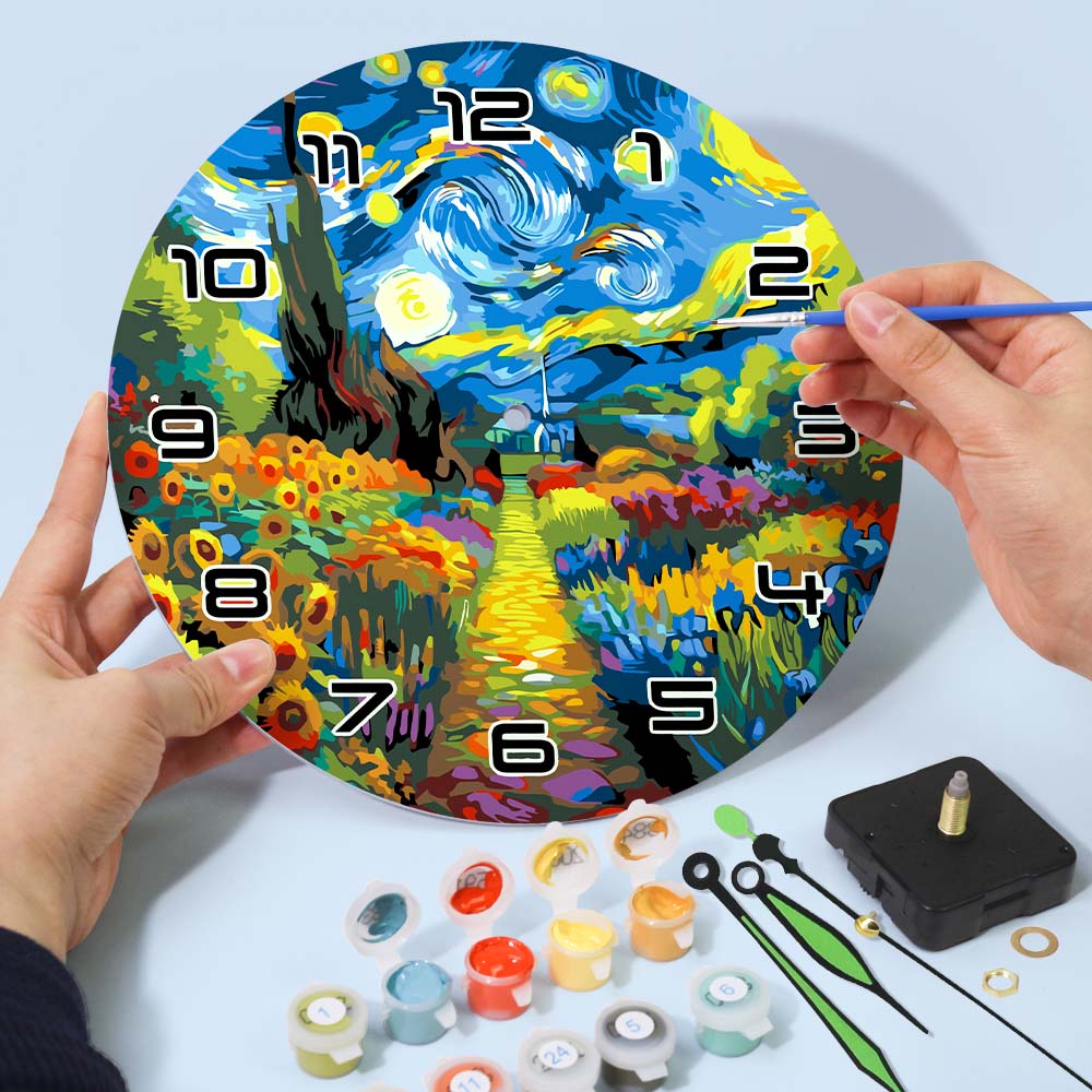 Colorful clock with Van Gogh painting design, being painted by a person.
