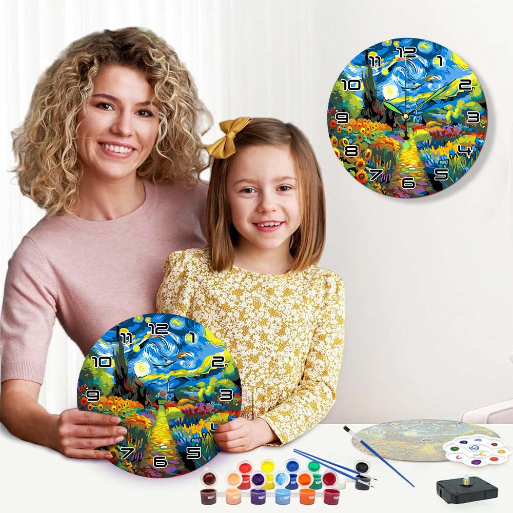 Woman and child with painted wall clocks and art supplies
