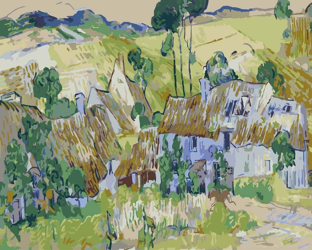 Farmhouses at Auvers by Vincent van Gogh as a paint by numbers kit, a master's painting on a numbered canvas