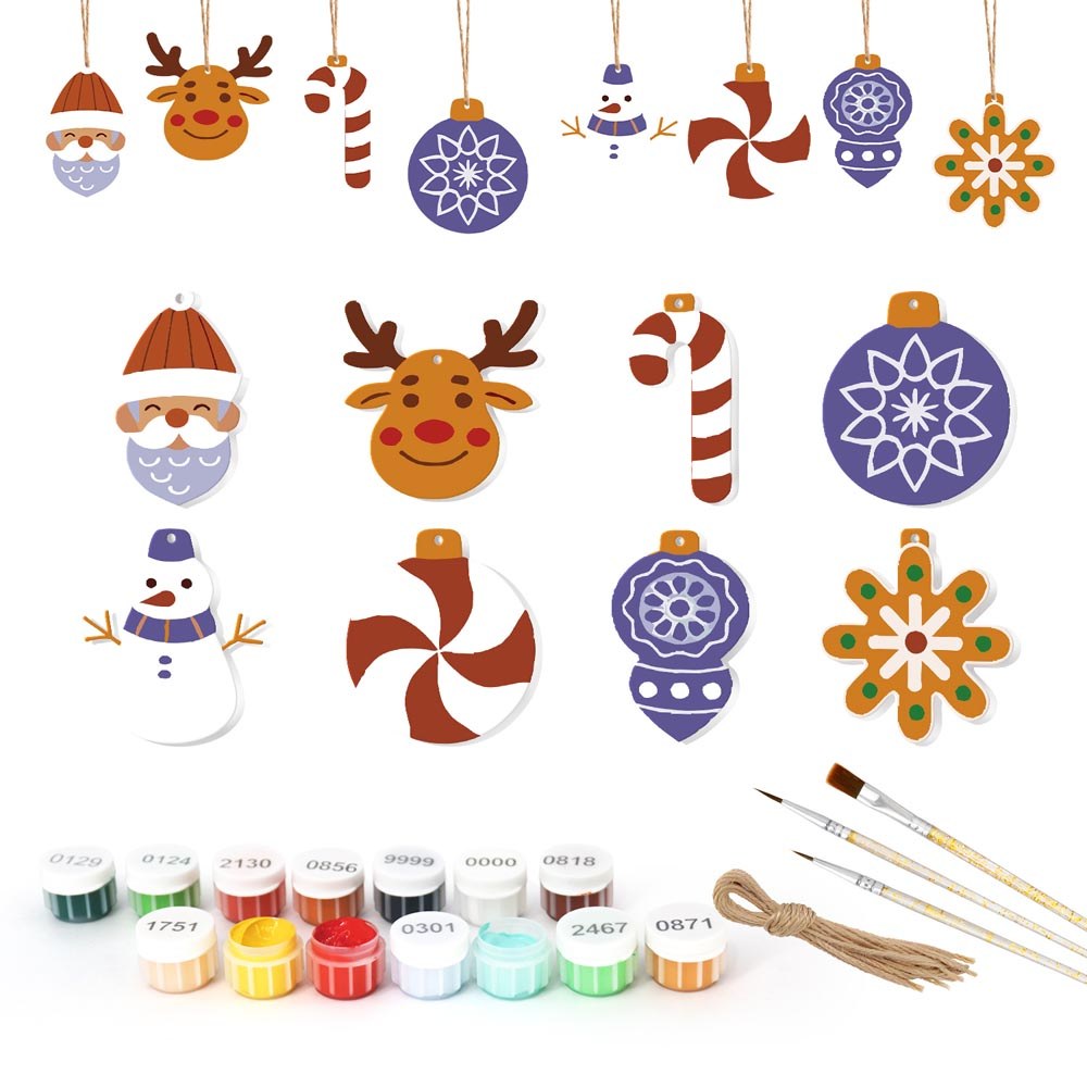 Set of eight paint by numbers Christmas ornaments with reindeer, snowman and winter baubles