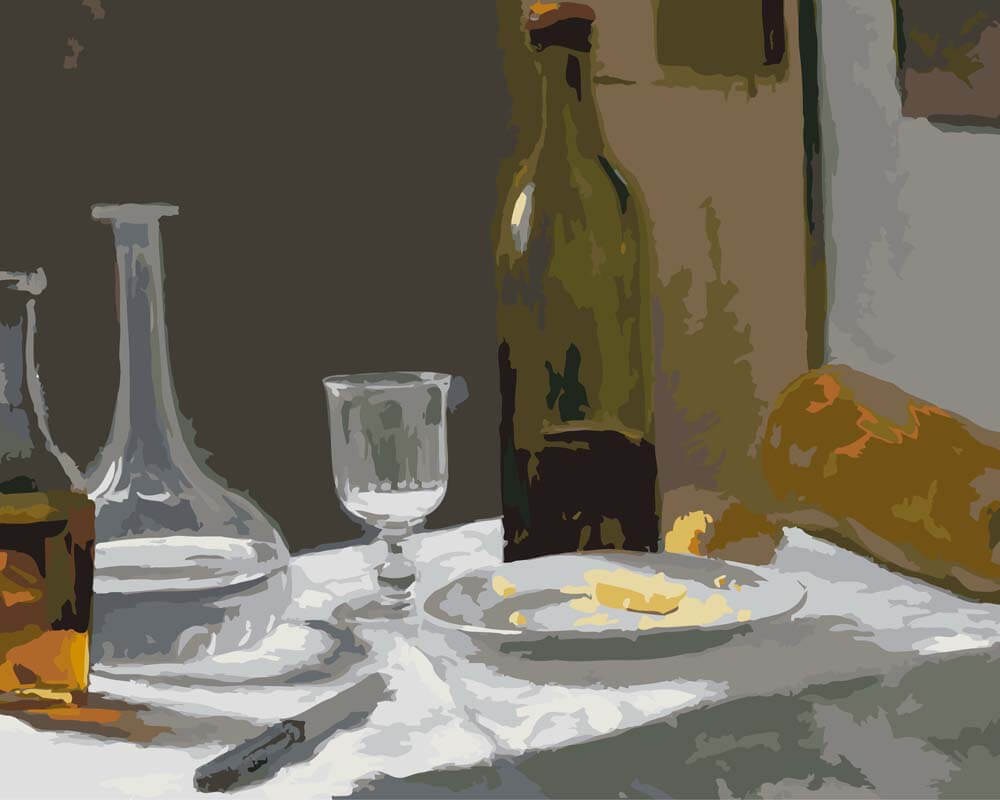 Claude Monet still life with bottle, carafe, bread and wine paint by numbers kit
