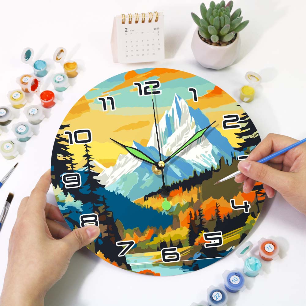 Paint by Numbers DIY Clock Kit β Mountain Sunrise with brushes and acrylic paints