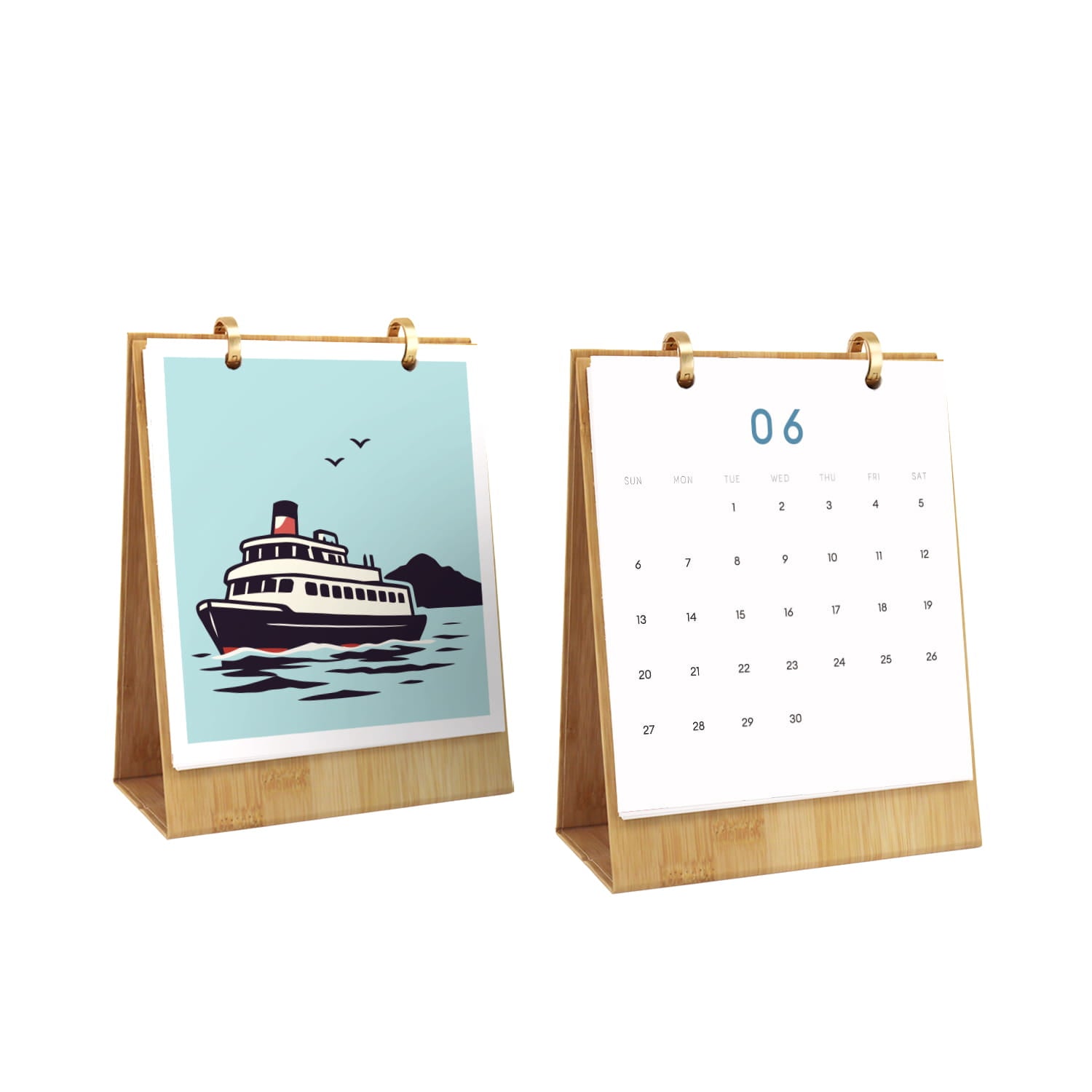 Two tabletop desk calendar stands shown on a white background, one displaying a stylized ferry illustration and the other showing a blank monthly calendar page.