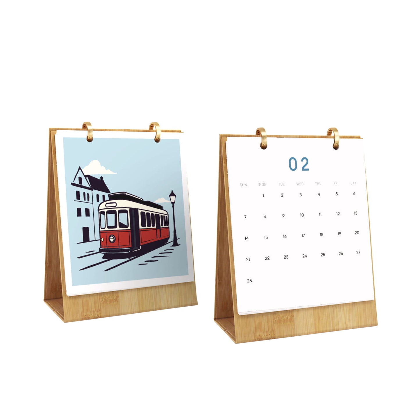 Two tabletop calendar stands on a white background, one showing an illustrated streetcar page and the other showing a blank numbered page with the number 02.