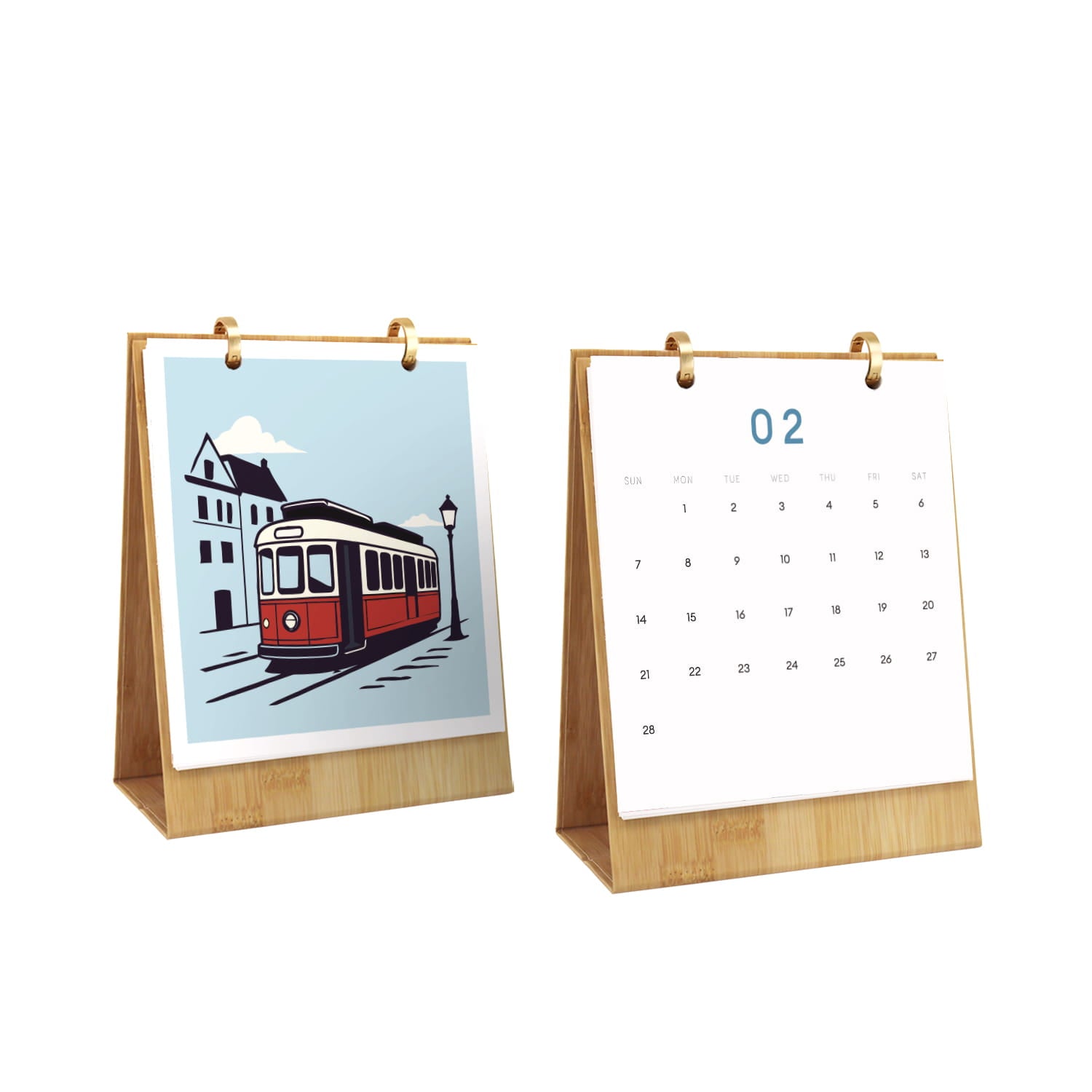 Two tabletop calendar stands on a white background, one showing an illustrated streetcar page and the other showing a blank numbered page with the number 02.